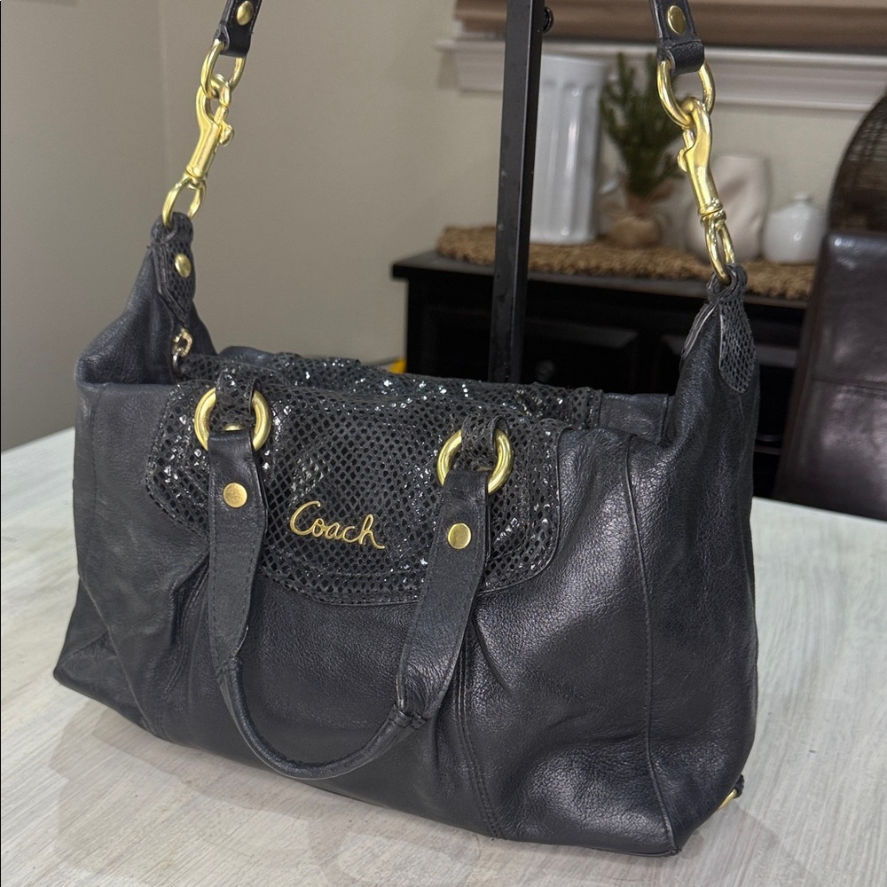 Coach Black Leather Shoulder Bag with Snakeskin and Gold Accents